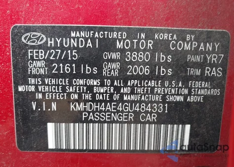 2016 Hyundai Elantra Se from USA, damaged, VIN KMHDH4AE4GU484331